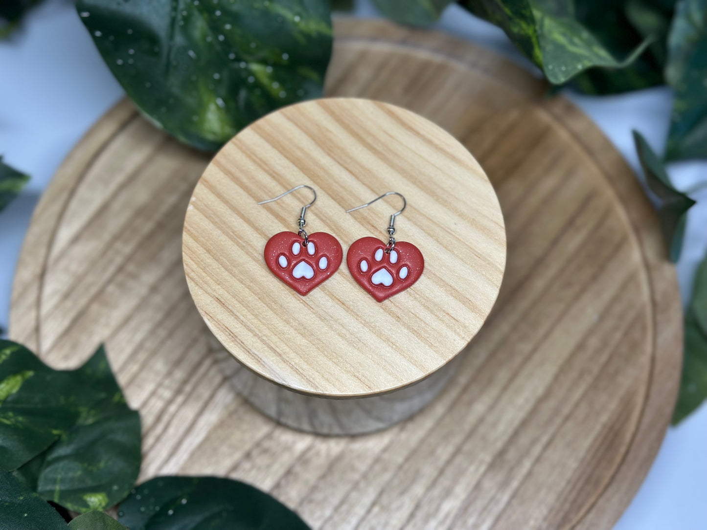 Paw Print Heart Earrings - Orange & White
