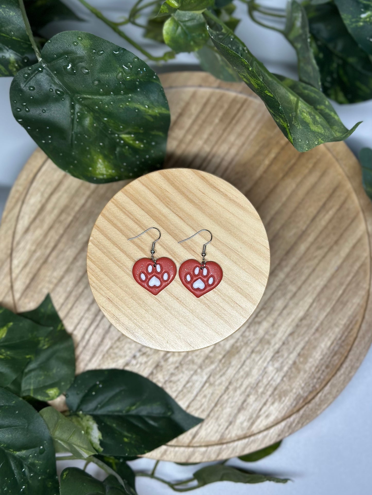 Paw Print Heart Earrings - Orange & White