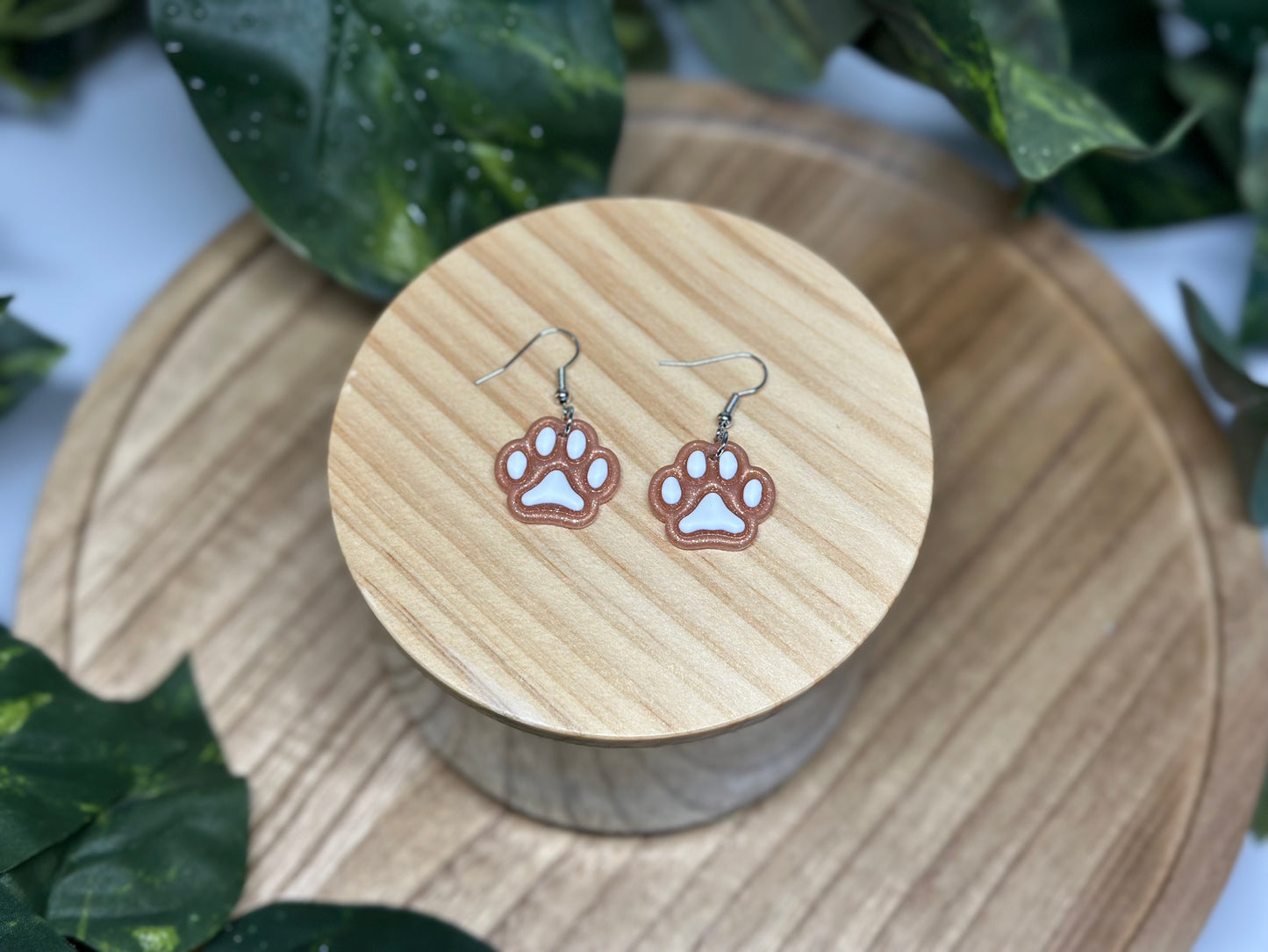 Paw Print Earrings - Tan & White