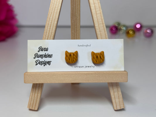 Cat Head Stud Earrings - Braided Mustard