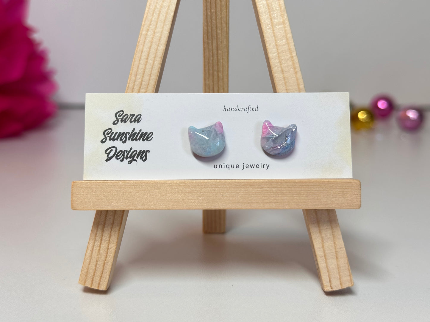 Cat Head Stud Earrings - Cotton Candy