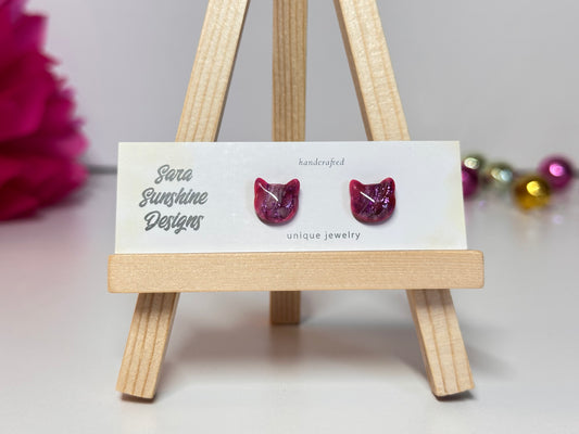 Cat Head Stud Earrings - Fuchsia 1