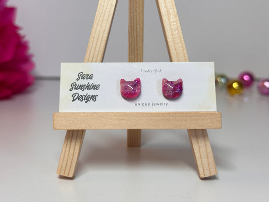 Cat Head Stud Earrings - Fuchsia 2