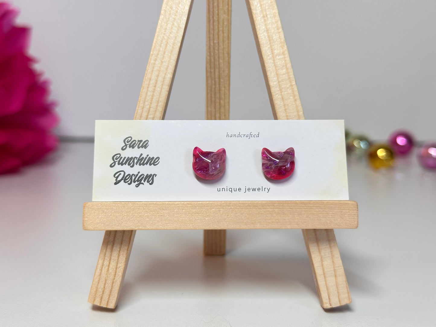 Cat Head Stud Earrings - Fuchsia 3