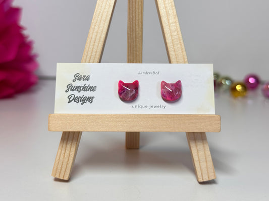 Cat Head Stud Earrings - Fuchsia 4