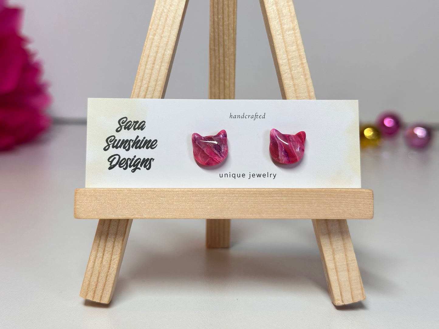 Cat Head Stud Earrings - Fuchsia 5