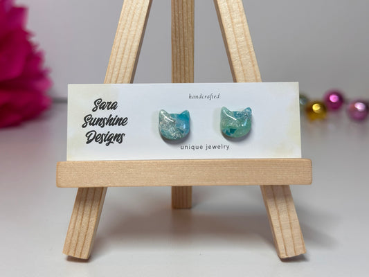 Cat Head Stud Earrings - Ocean Blue 1