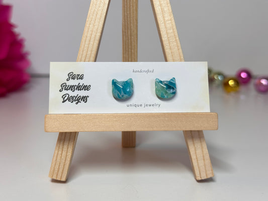 Cat Head Stud Earrings - Ocean Blue 2