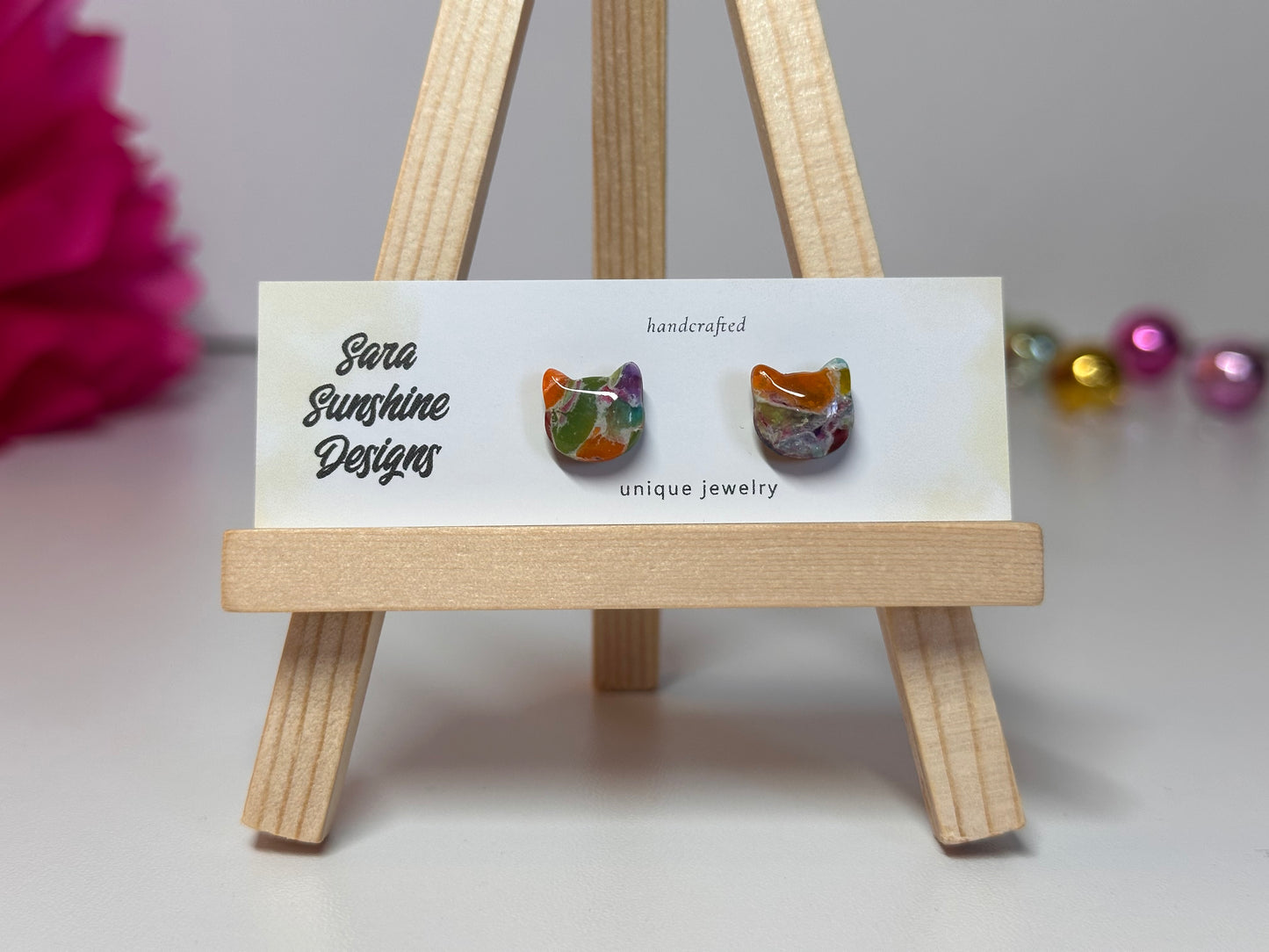 Cat Head Stud Earrings - Rainbow