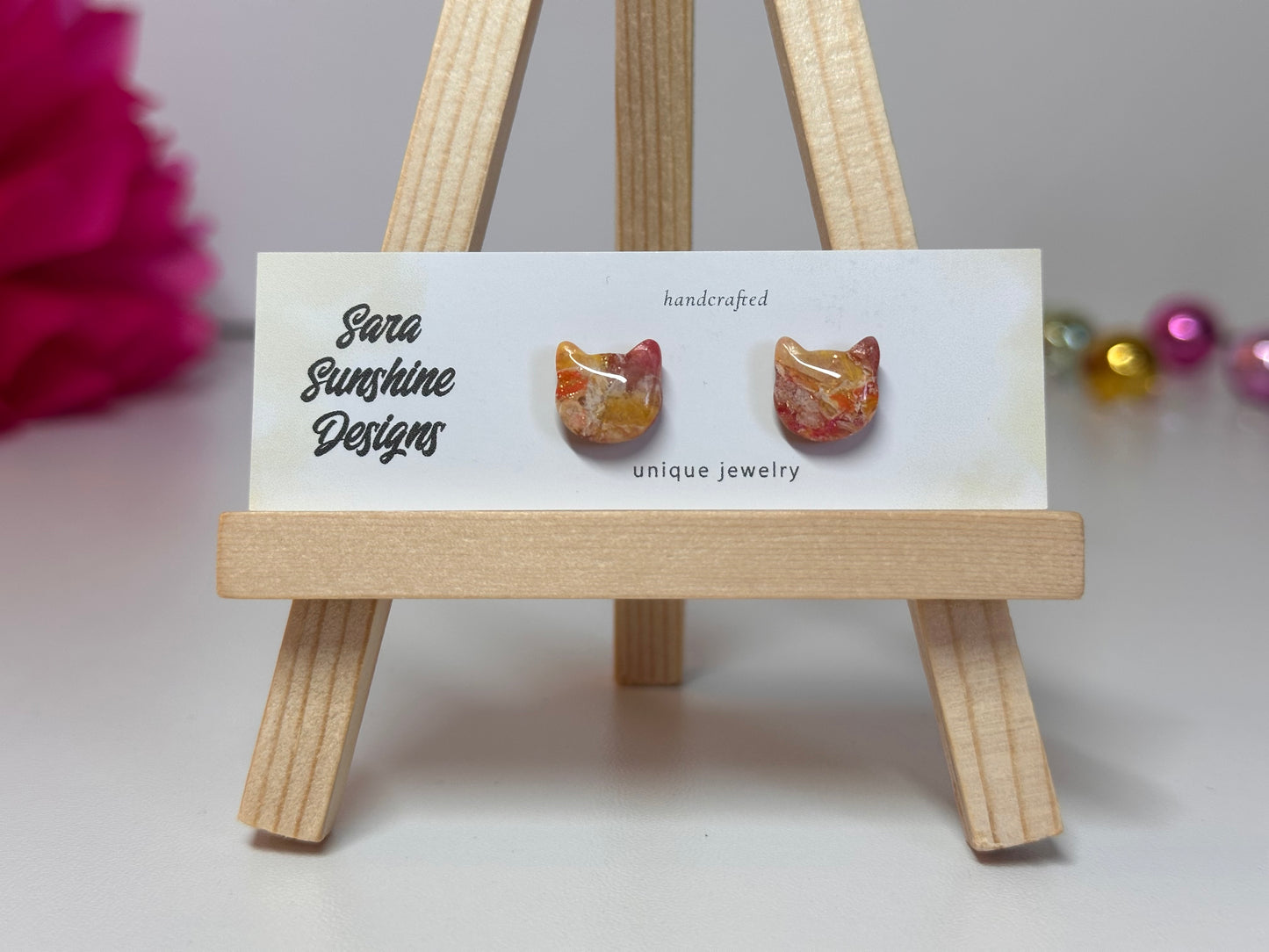 Cat Head Stud Earrings - Yellow & Orange