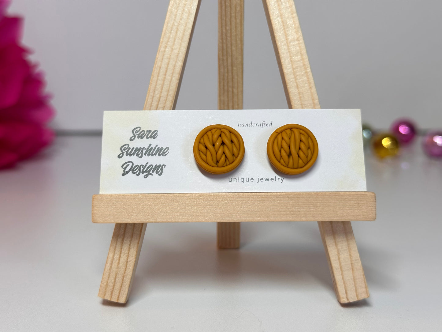 Circle Braided Stud Earrings - Mustard