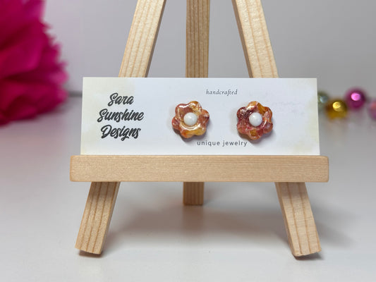 Flower Stud Earrings - Yellow & Maroon