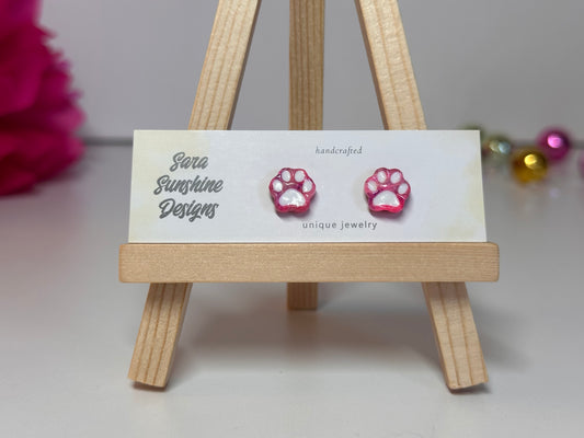 Paw Print Stud Earrings - Fuchsia & White 1