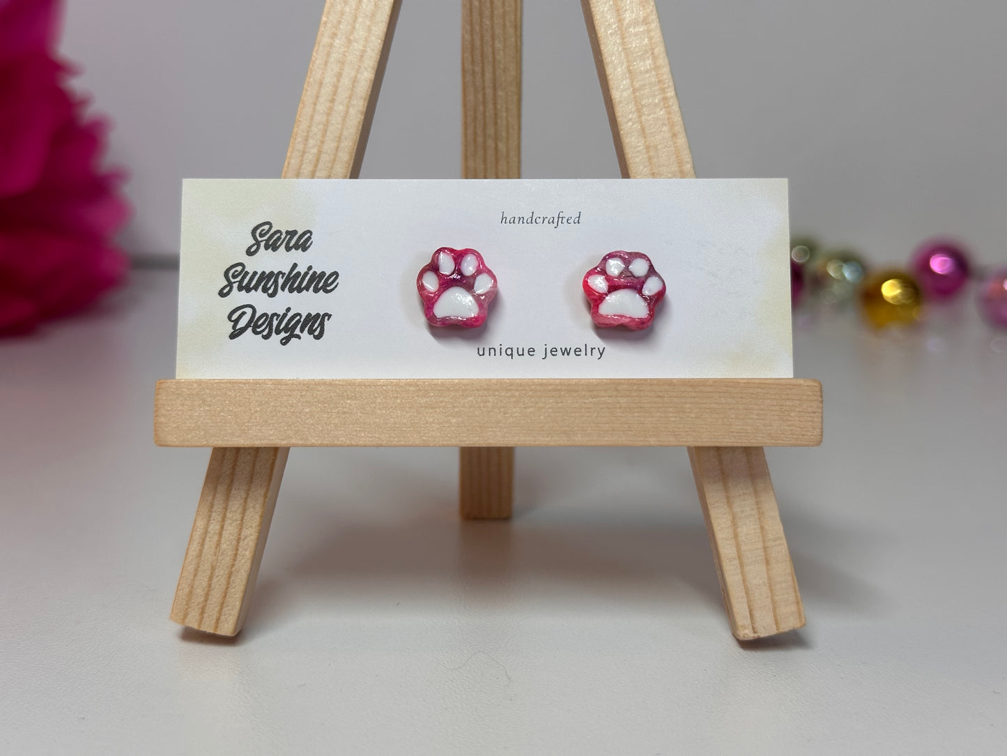 Paw Print Stud Earrings - Fuchsia & White 2