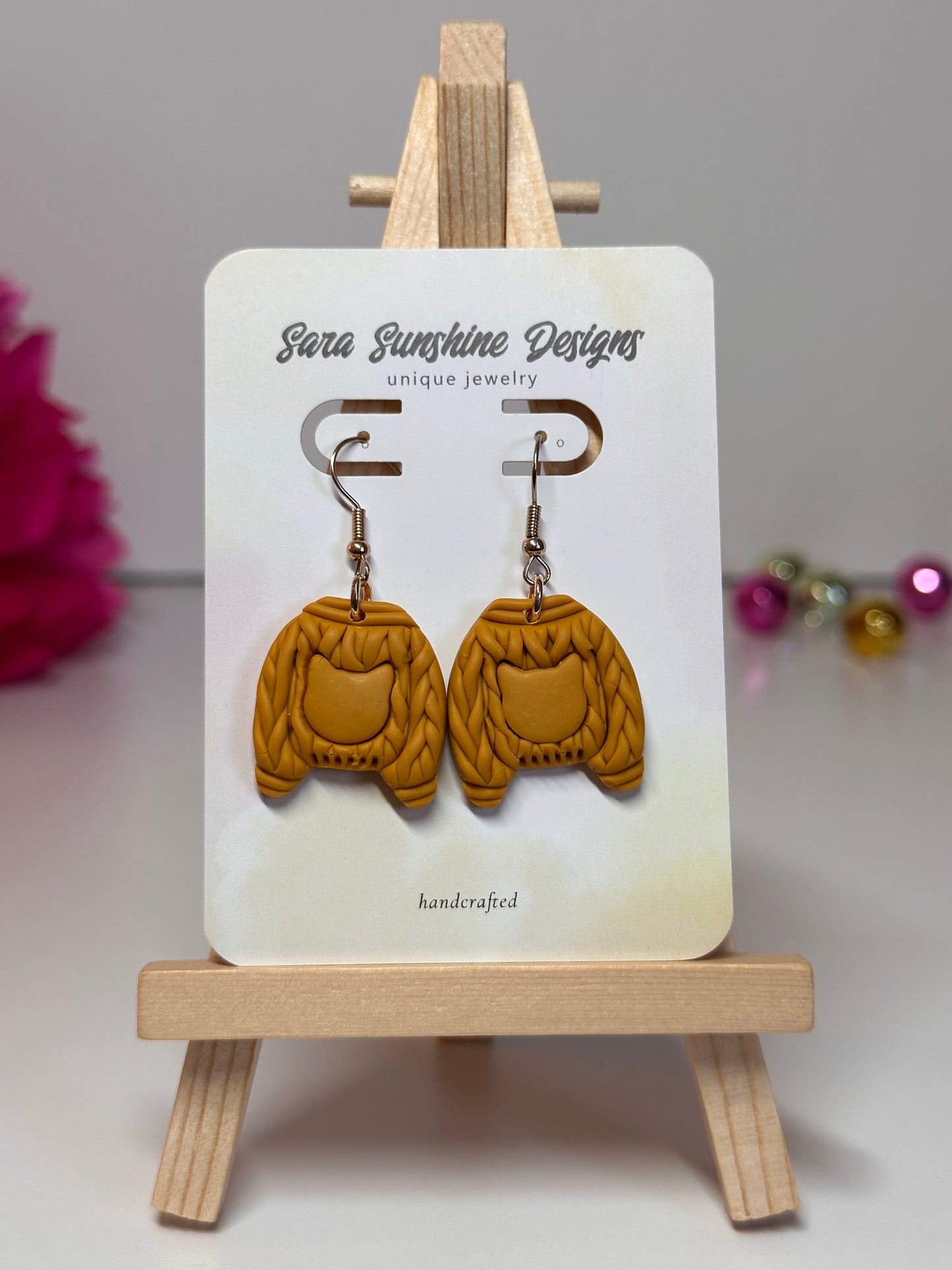 Cat Head Sweater Earrings - Mustard