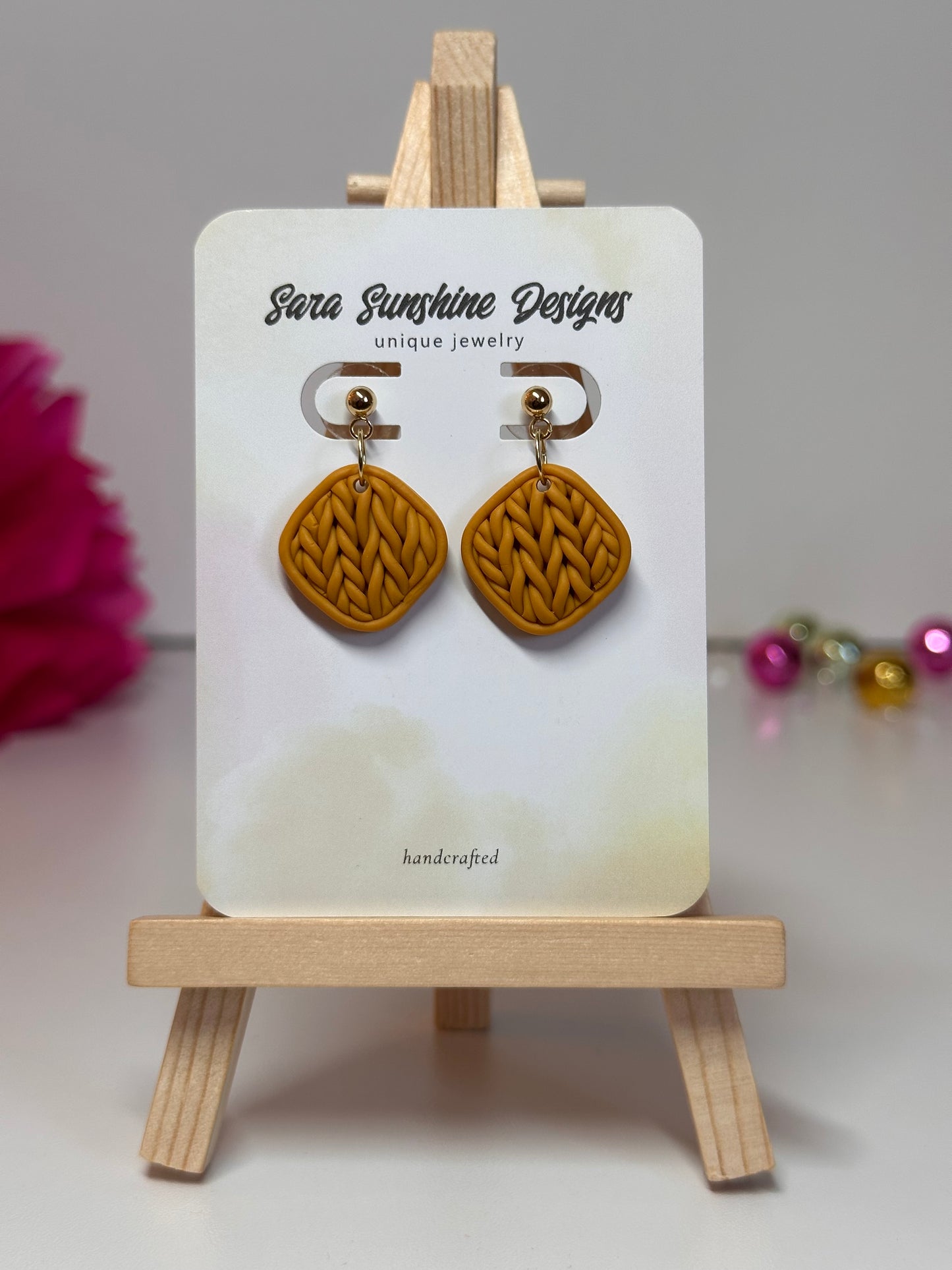 Tilted Square Braided Earrings - Mustard