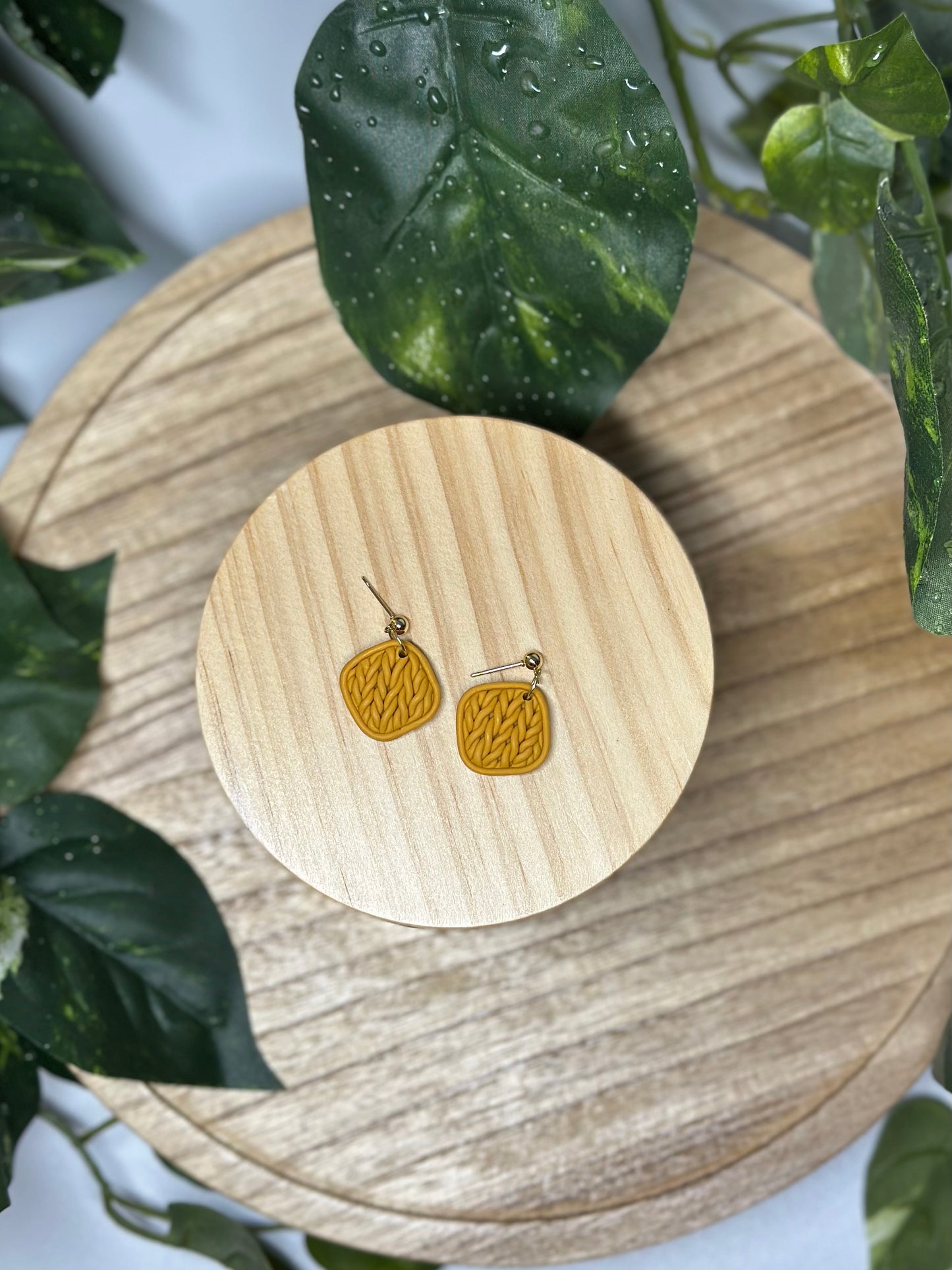 Tilted Square Braided Earrings - Mustard
