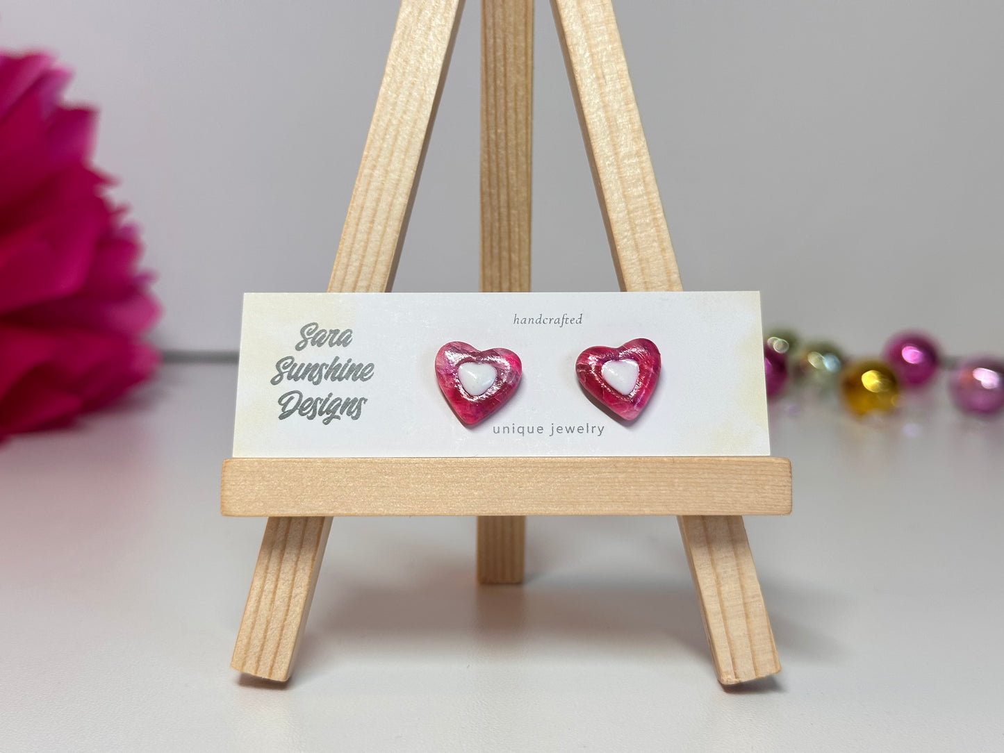 Heart Stud Earrings - Fuchsia & White