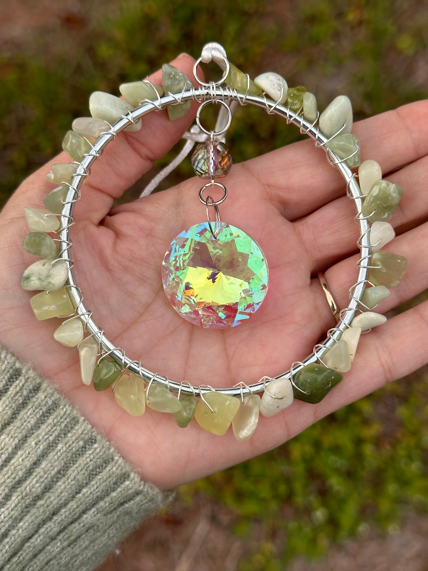 Mini-Malist Suncatcher / Car Charm / Rainbow Maker / 3 Inch Silver Ring / Natural Green Stone