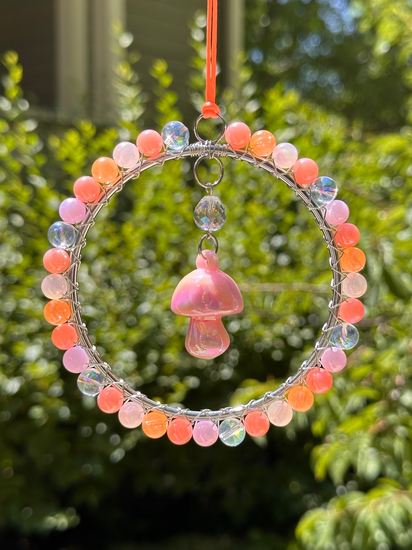 Mini-Malist Suncatcher Summer Session / Car Charm / Rainbow Maker / 3 Inch Silver Ring / Light Pink Mushroom Pendant