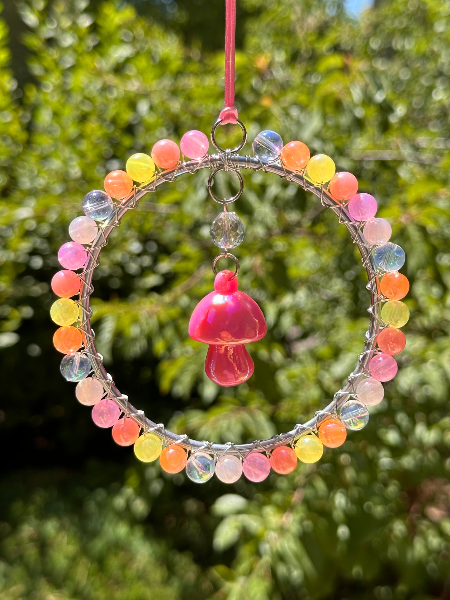 Mini-Malist Suncatcher Summer Session / Car Charm / Rainbow Maker / 3 Inch Silver Ring / Pink Mushroom Pendant