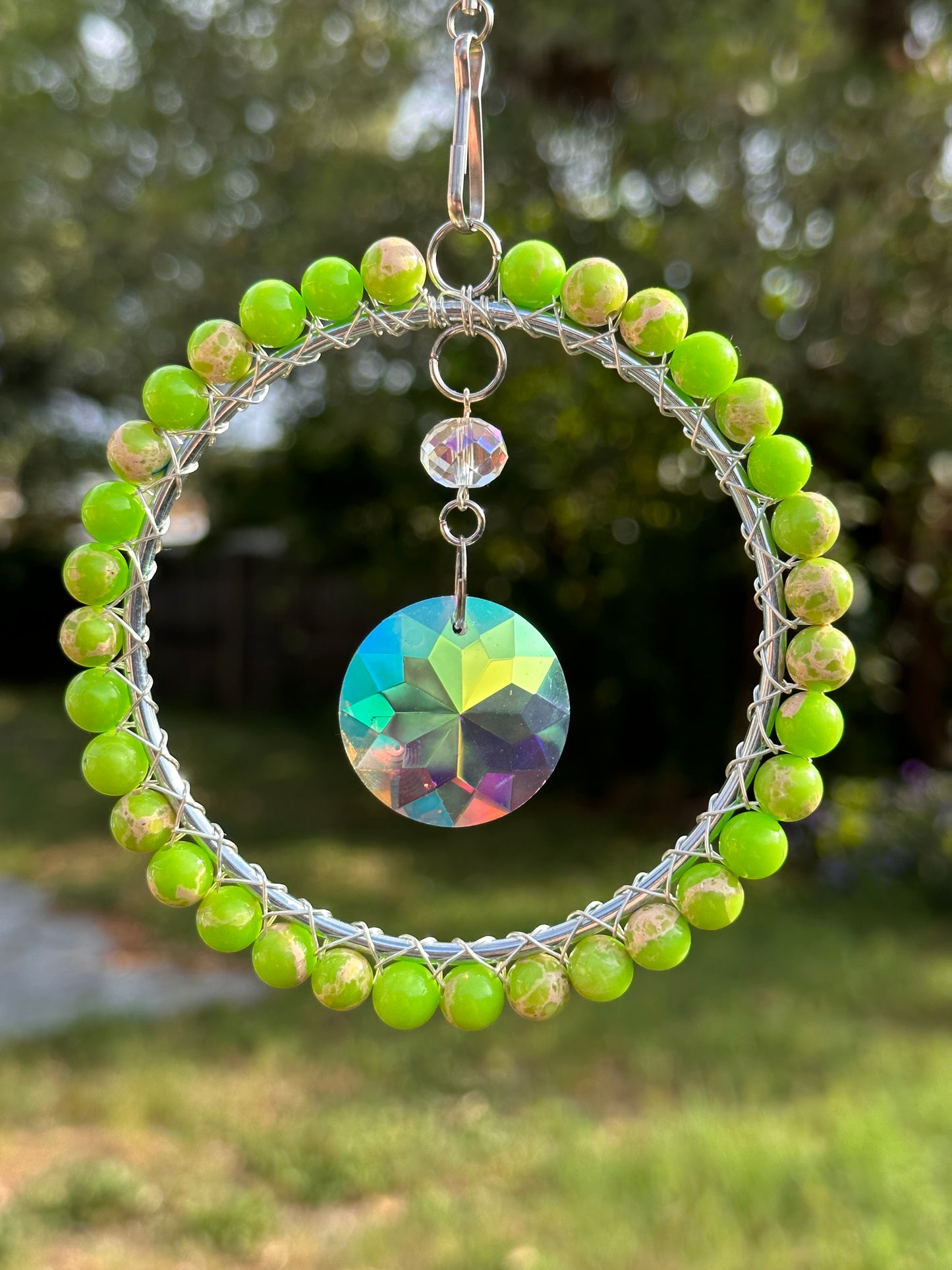 Mini-Malist Suncatcher / Lime Green / 3 Inch Silver Ring / Rainbow Maker / Car Charm / Window Decor