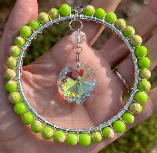 Mini-Malist Suncatcher / Lime Green / 3 Inch Silver Ring / Rainbow Maker / Car Charm / Window Decor