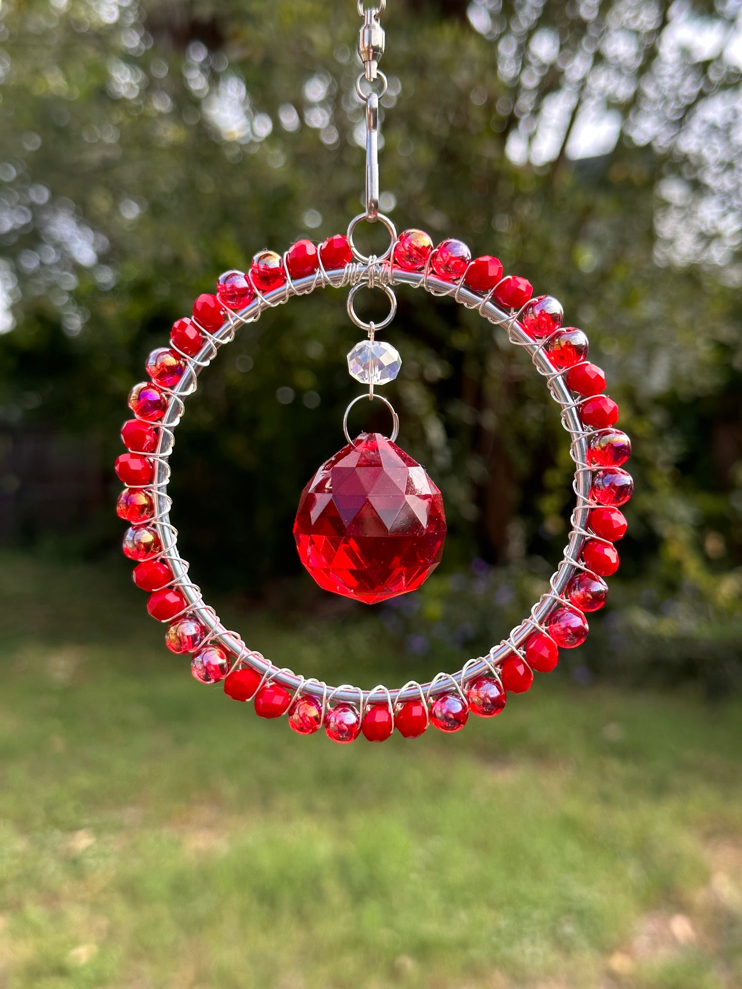 Mini-Malist Suncatcher / Red Crystal / 3 Inch Ring / Rainbow Maker / Car Charm / Window Decor