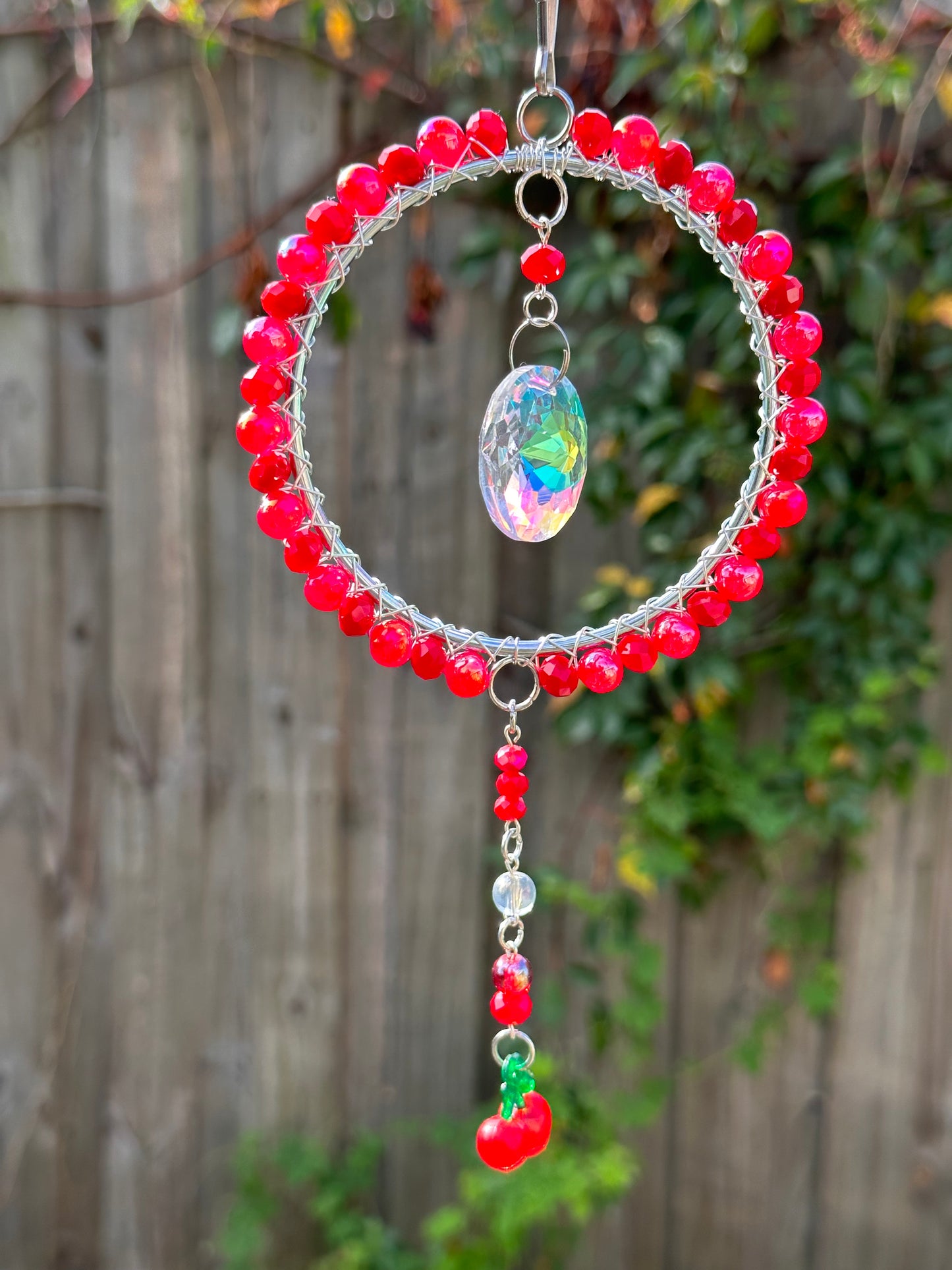 Minimalist Suncatcher / Very Cherry / 3 Inch Silver Ring / Rainbow Maker / Wall Art / Window Decor / Car Charm