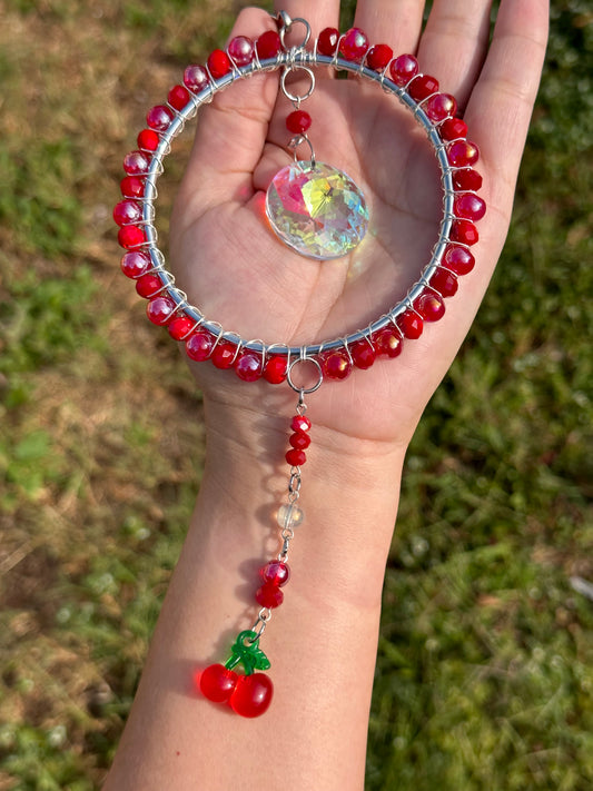 Minimalist Suncatcher / Very Cherry / 3 Inch Silver Ring / Rainbow Maker / Wall Art / Window Decor / Car Charm