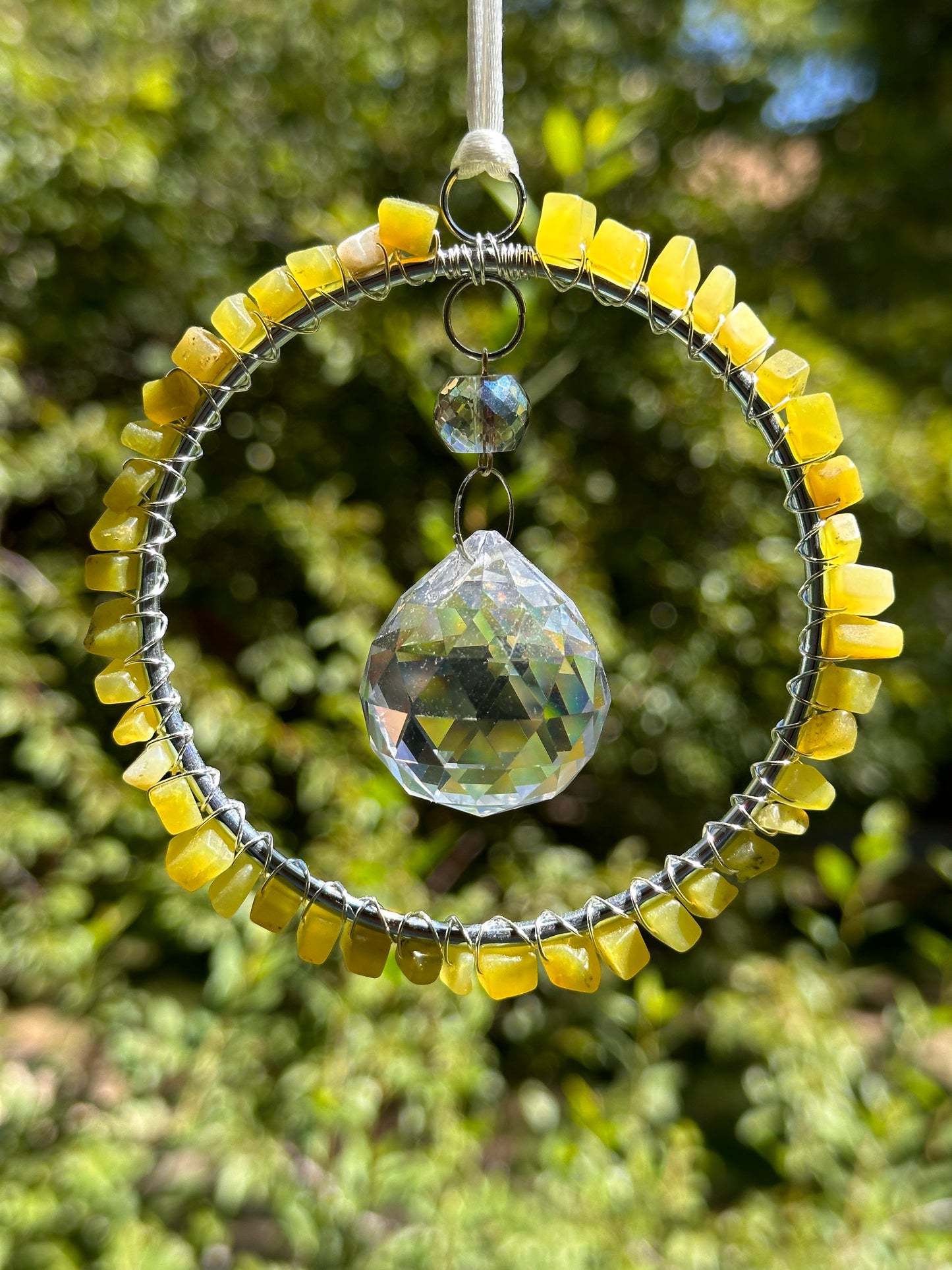 Mini-Malist Suncatcher / Chunky Yellow Green / 3 Inch Silver Ring / Rainbow Maker / Car Charm / Window Decor