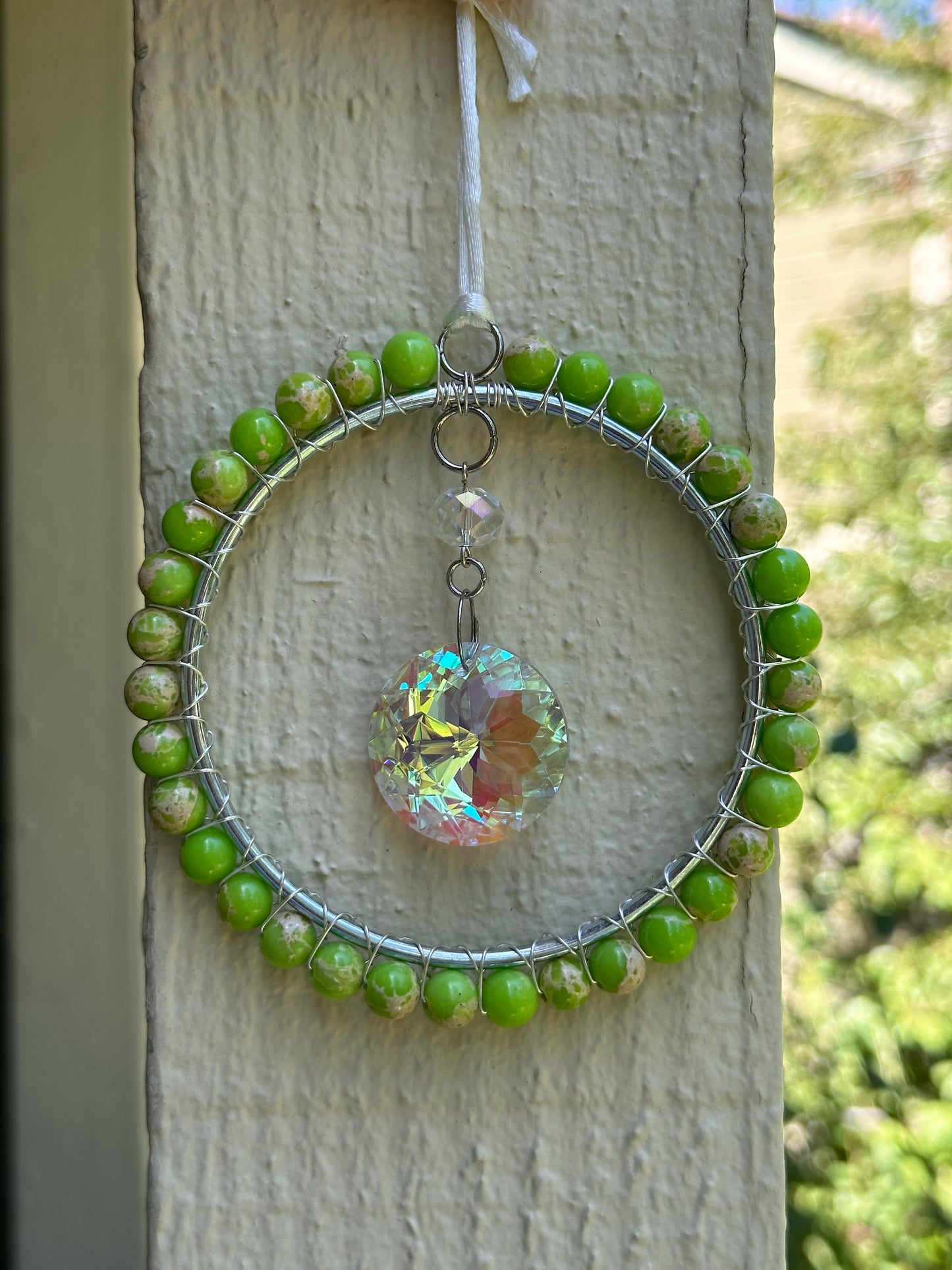 Mini-Malist Suncatcher / Lime Green / 3 Inch Silver Ring / Rainbow Maker / Car Charm / Window Decor