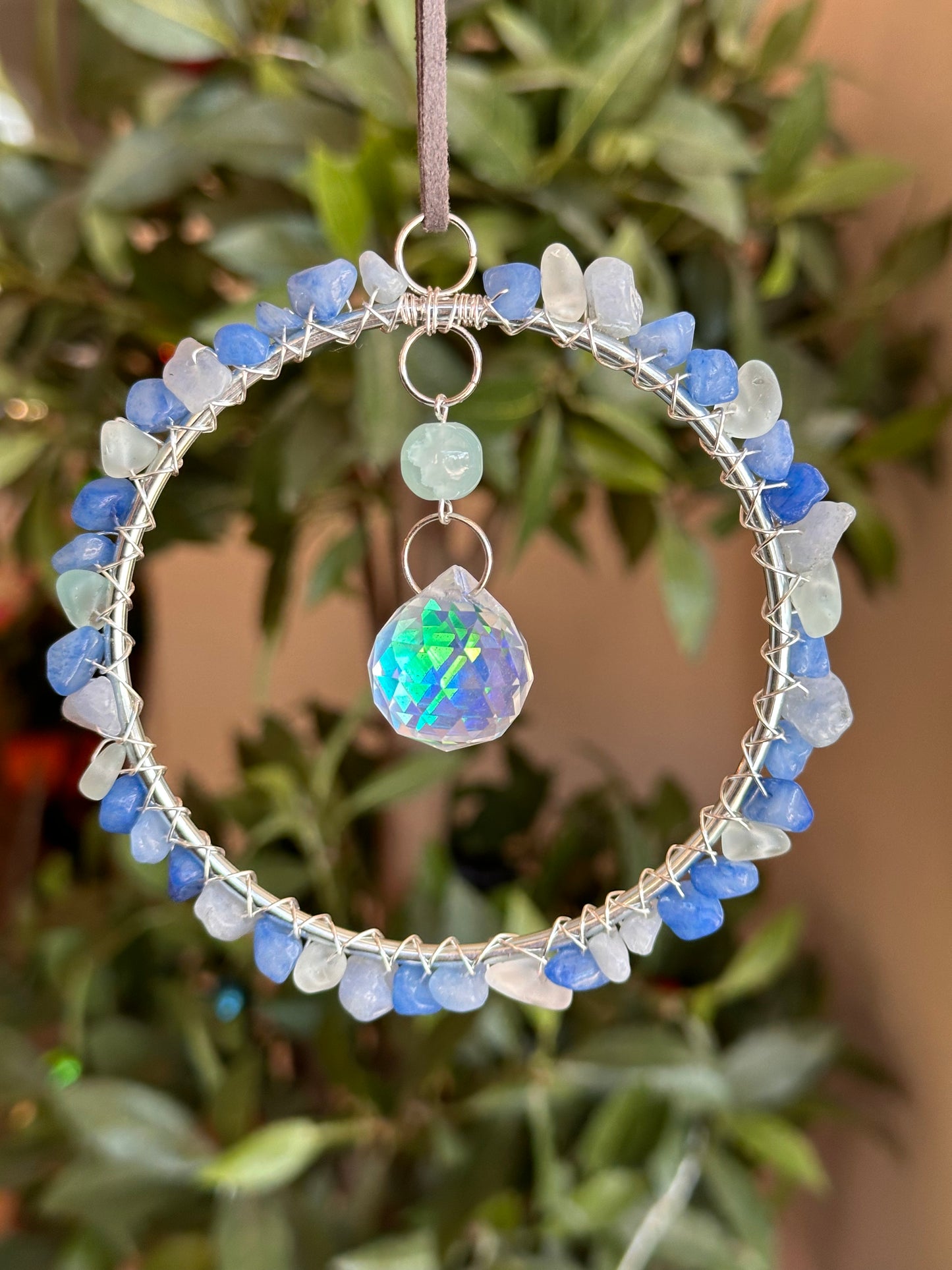 Mini-Malist Suncatcher / Blue Natural Stone / 3 Inch Silver Ring / Rainbow Maker / Car Charm / Window Decor