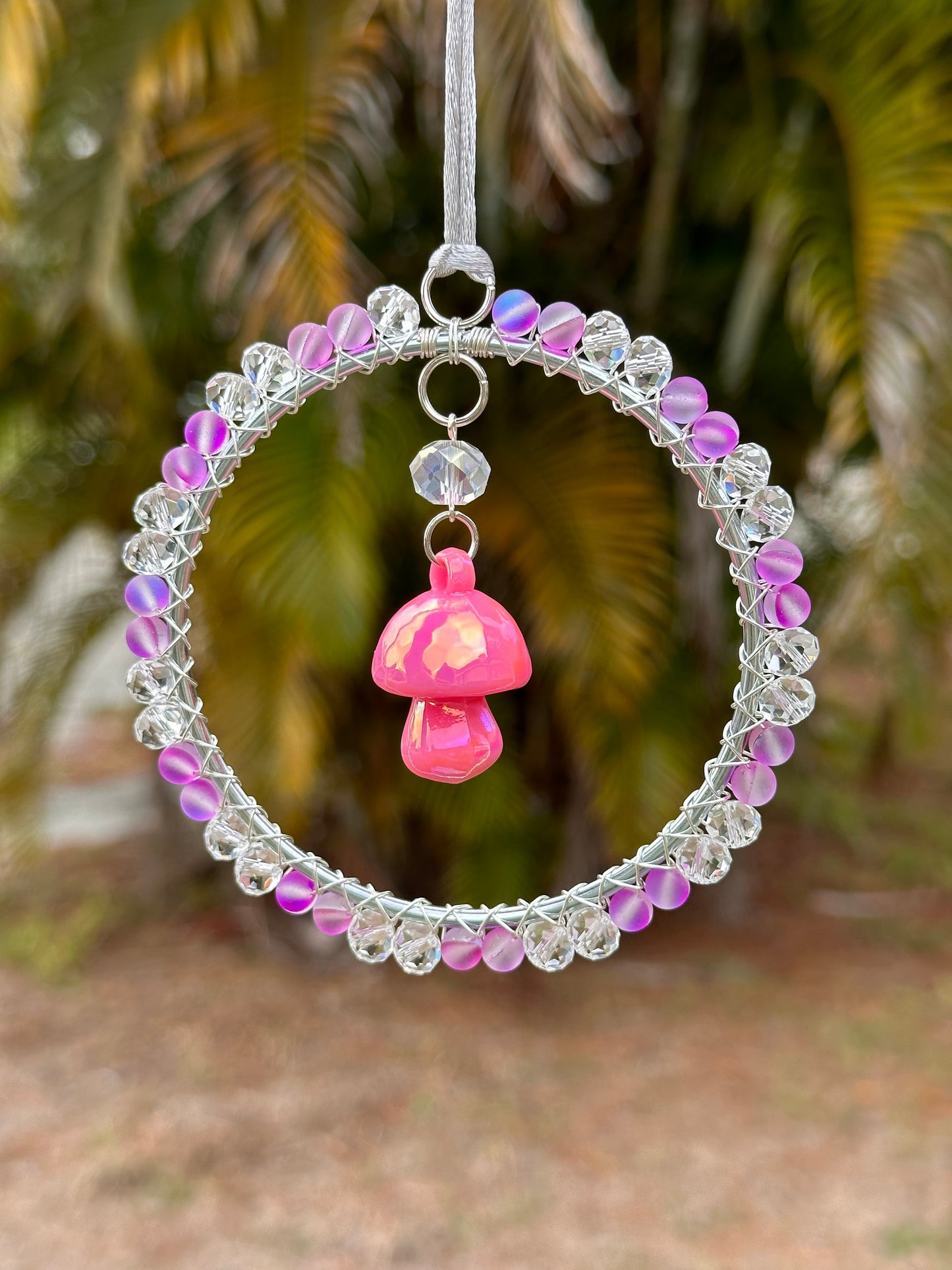 Mini-Malist Suncatcher / Pink Mushroom / 3 Inch Silver Ring / Car Charm / Window Decor