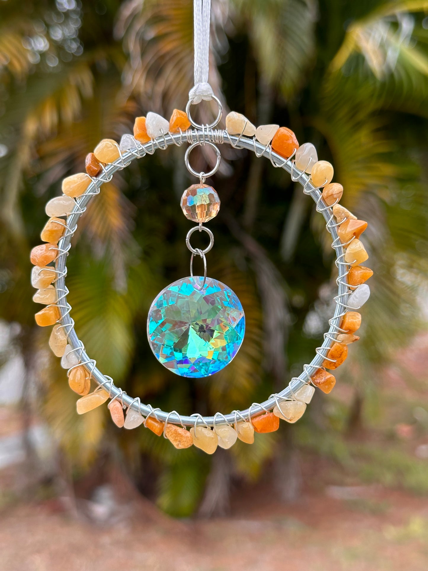 Mini-Malist Suncatcher / Orange Natural Stone / 3 Inch Silver Ring / Rainbow Maker / Car Charm / Window Decor