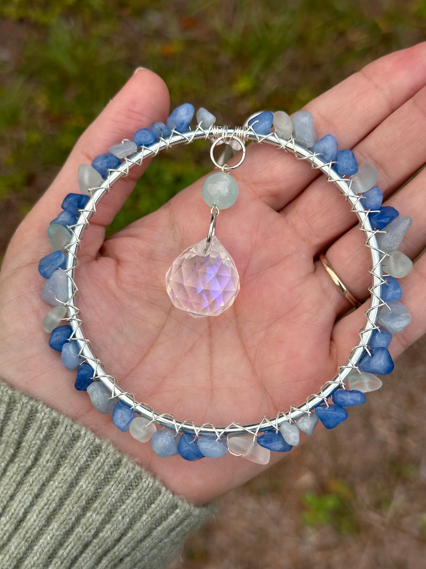 Mini-Malist Suncatcher / Blue Natural Stone / 3 Inch Silver Ring / Rainbow Maker / Car Charm / Window Decor