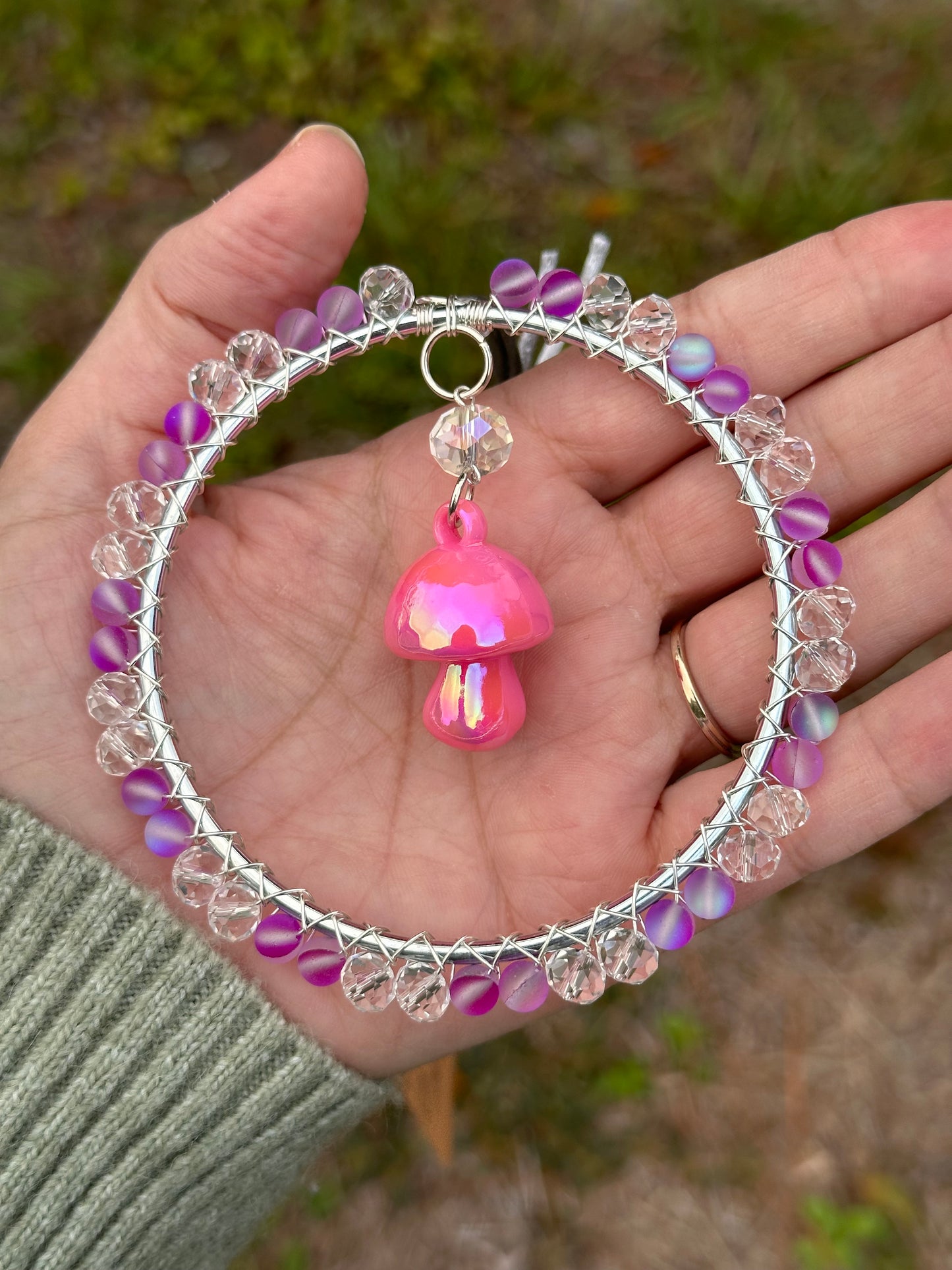 Mini-Malist Suncatcher / Pink Mushroom / 3 Inch Silver Ring / Car Charm / Window Decor