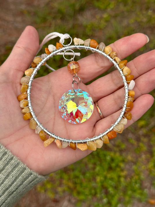 Mini-Malist Suncatcher / Orange Natural Stone / 3 Inch Silver Ring / Rainbow Maker / Car Charm / Window Decor