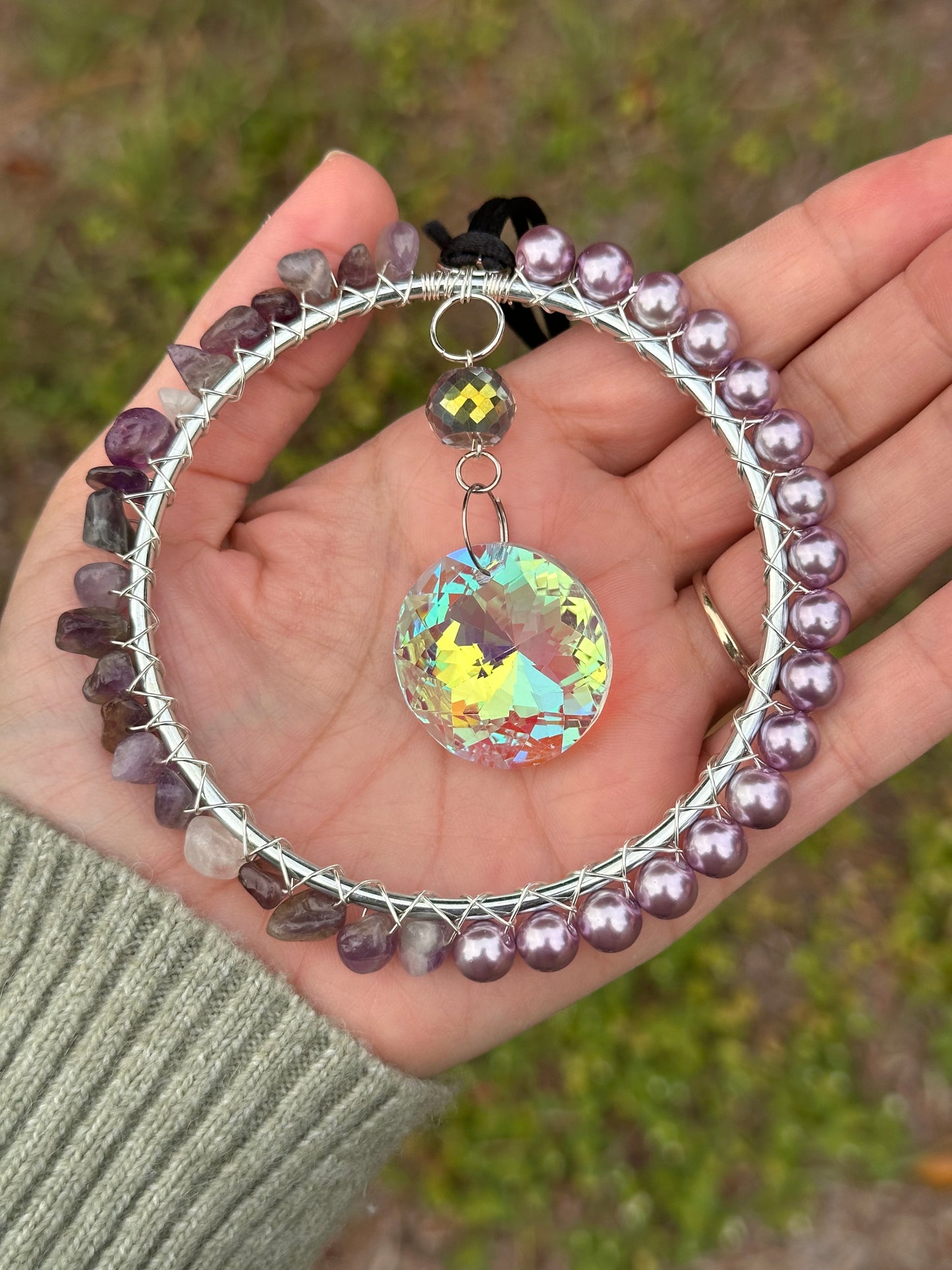 Mini-Malist Suncatcher / Mixed Purple / 3 Inch Silver Ring / Rainbow Maker / Car Charm / Window Decor