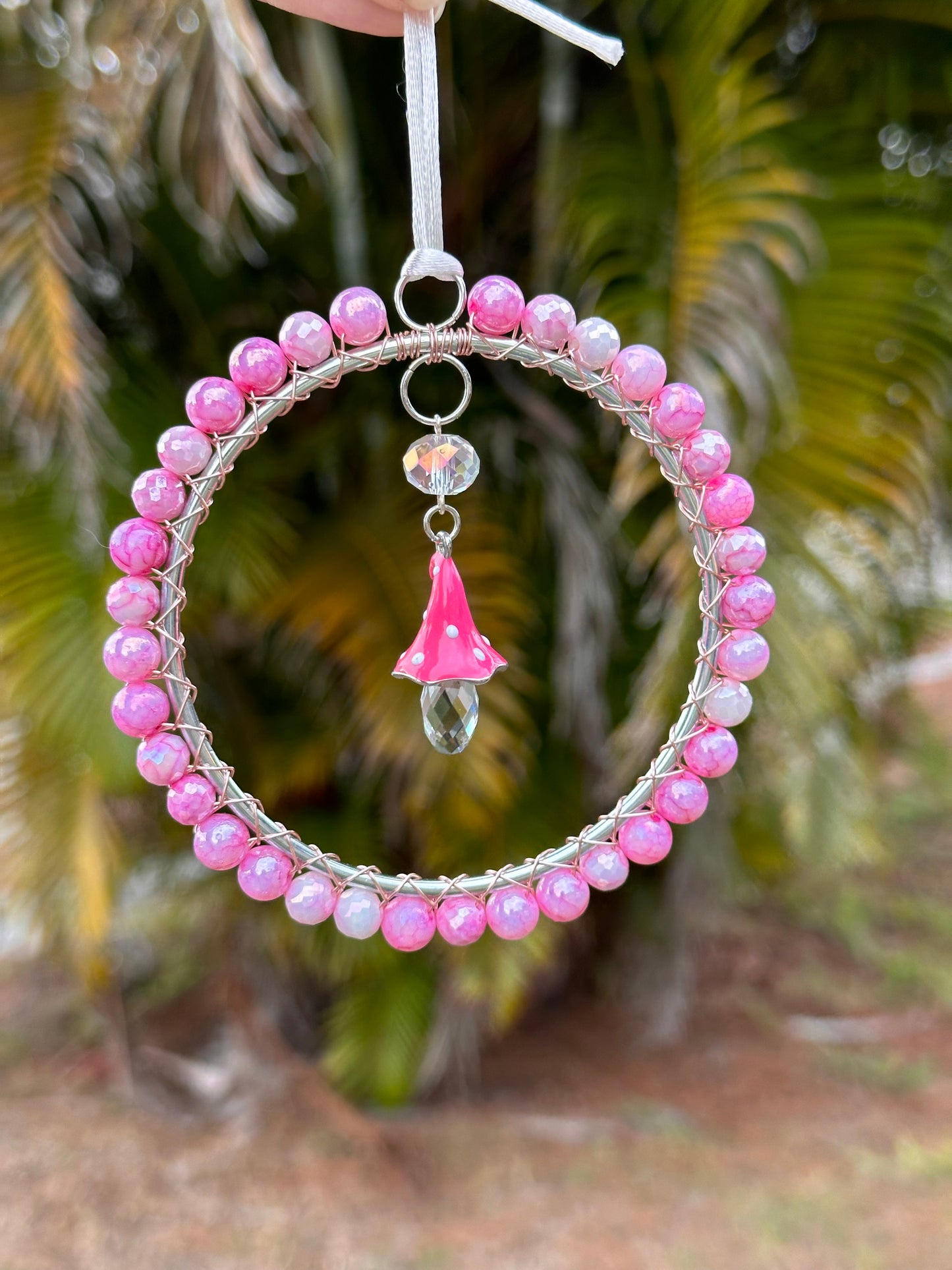 Mini-Malist Suncatcher / Pink Crystal Mushroom / 3 Inch Ring / Rainbow Maker / Car Charm / Window Decor