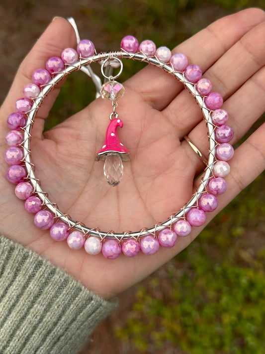 Mini-Malist Suncatcher / Pink Crystal Mushroom / 3 Inch Ring / Rainbow Maker / Car Charm / Window Decor