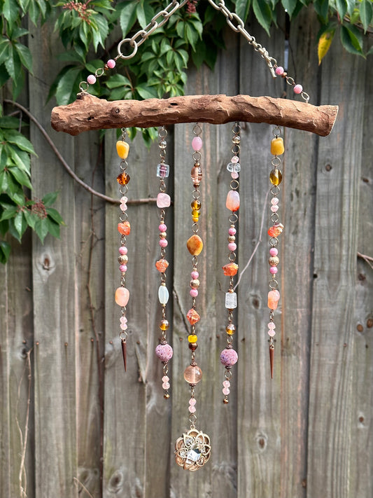 Rosé Champagne Beaded Suncatcher / Wall Art / Wall Hanging / Cozy Decor / Beaded Driftwood / Rainbow Maker