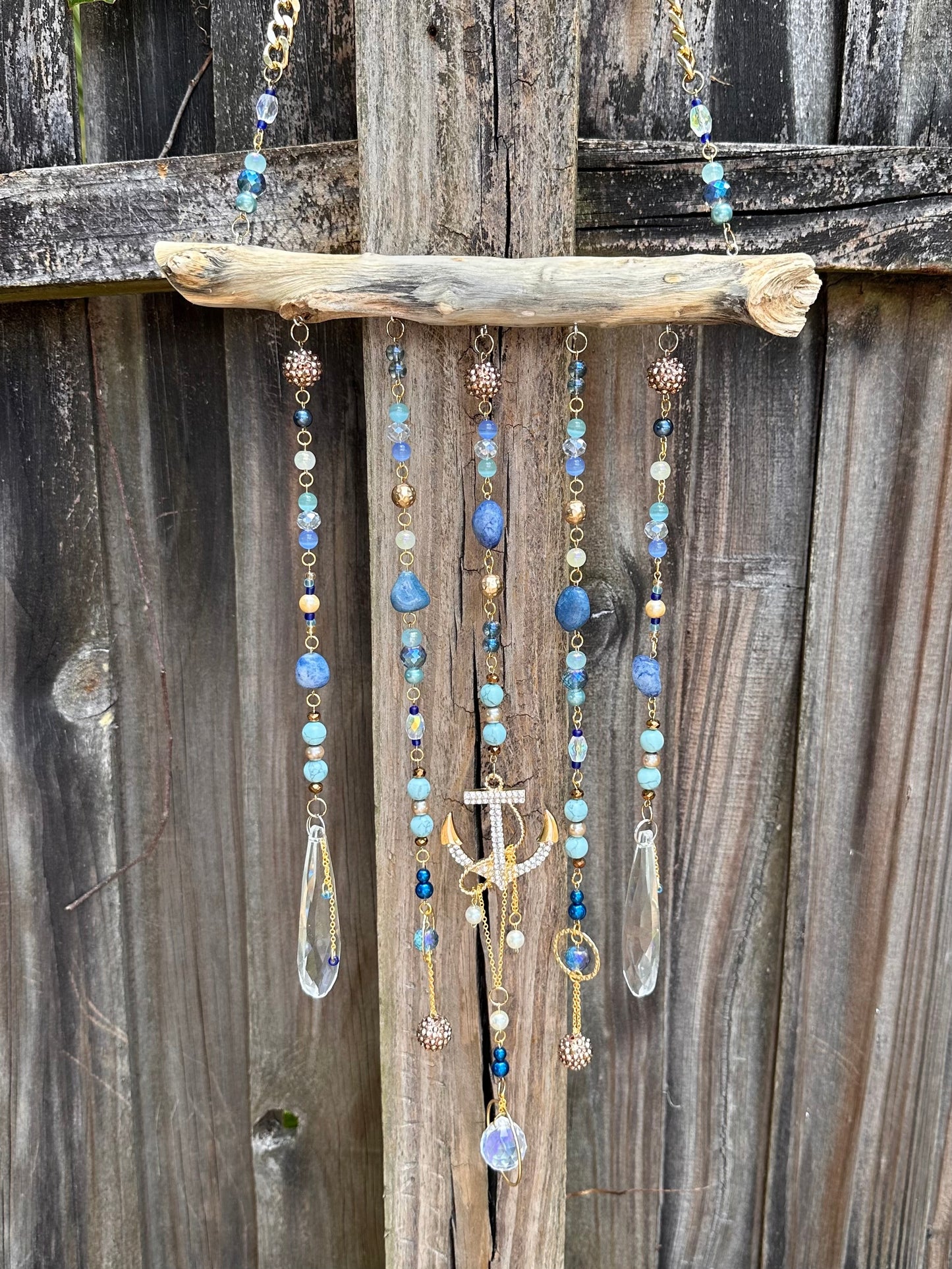 Chic Nautical Seaside Beaded Suncatcher / Wall Art / Wall Hanging / Beachy Decor / Beaded Driftwood / Rainbow Maker