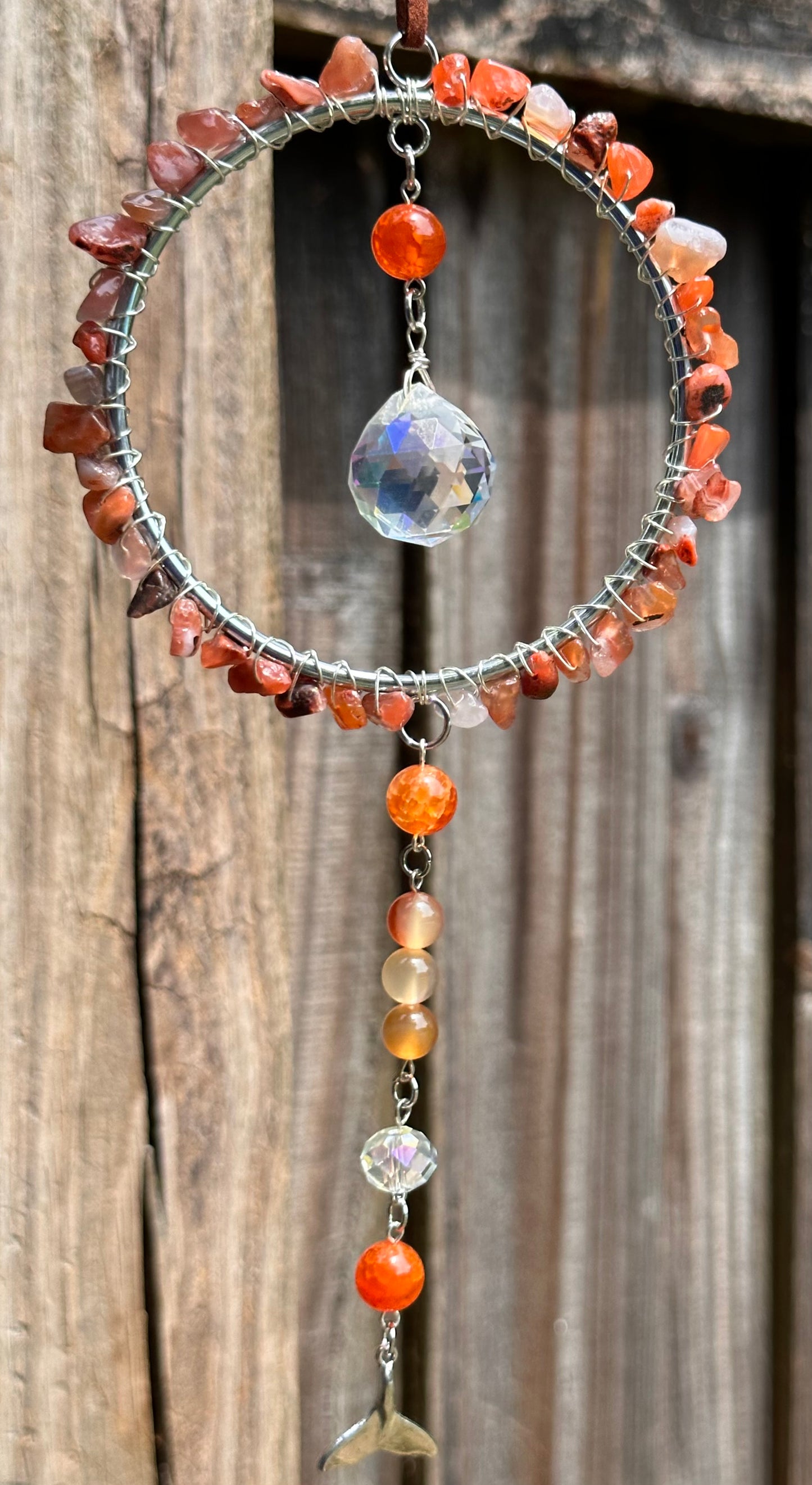 Mini-Malist Suncatcher / Orange Natural Stone Whale Tale / 3 Inch Ring / Rainbow Maker / Car Charm / Window Decor