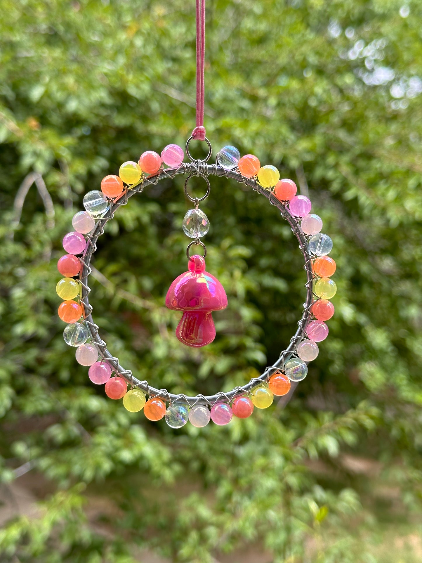 Mini-Malist Suncatcher Summer Session / Car Charm / Rainbow Maker / 3 Inch Silver Ring / Pink Mushroom Pendant