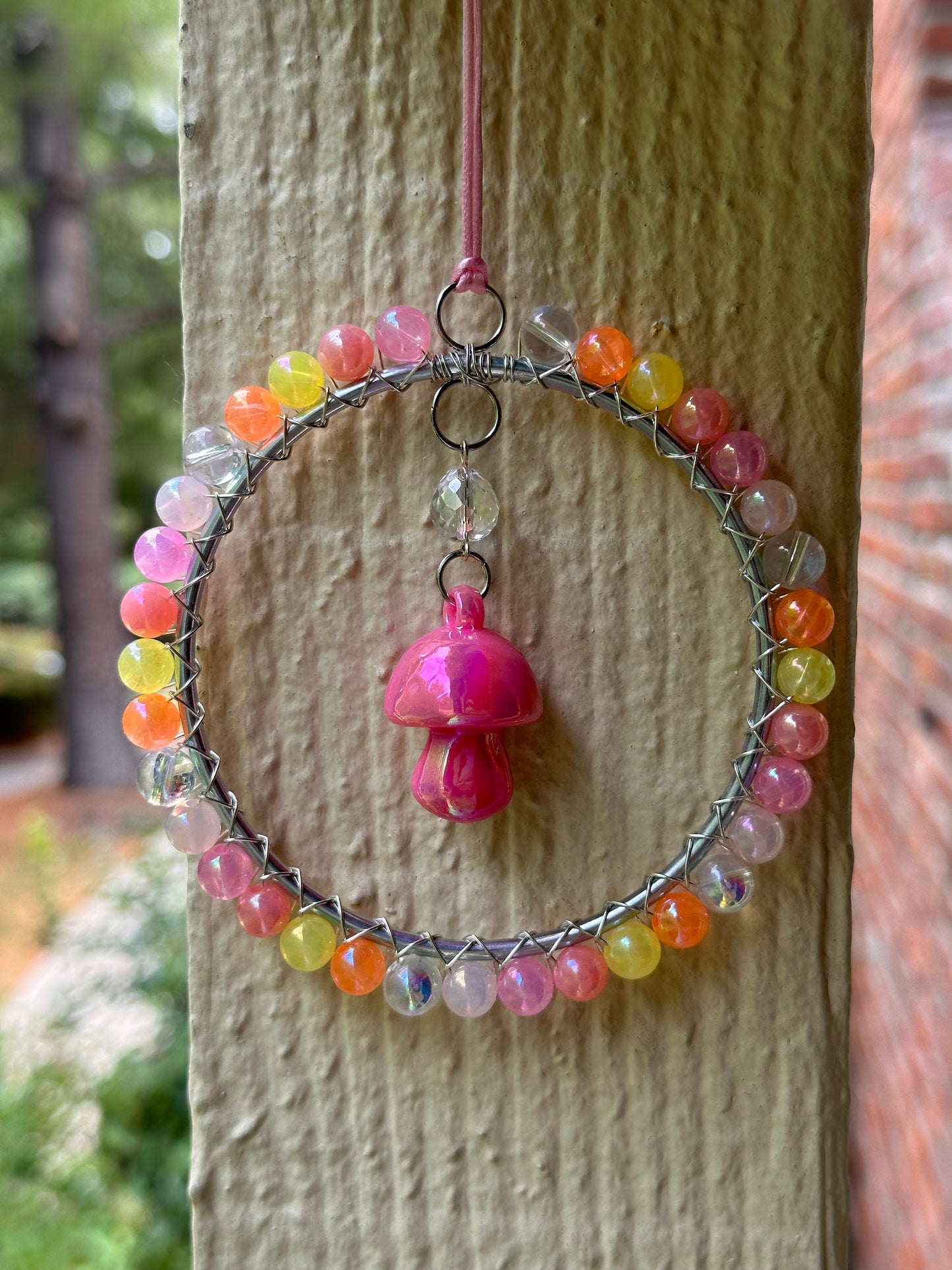 Mini-Malist Suncatcher Summer Session / Car Charm / Rainbow Maker / 3 Inch Silver Ring / Pink Mushroom Pendant