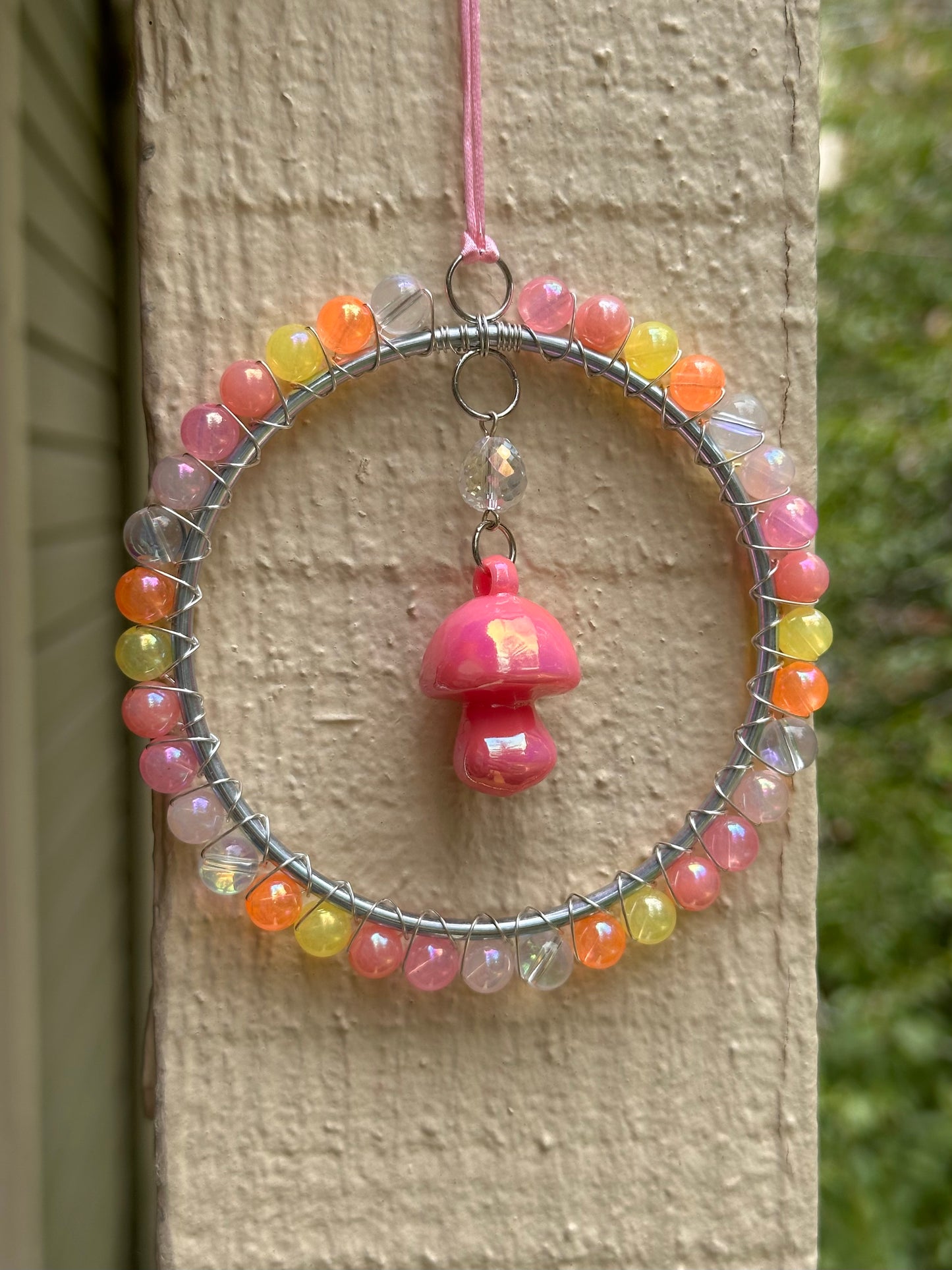 Mini-Malist Suncatcher Summer Session / Car Charm / Rainbow Maker / 3 Inch Silver Ring / Pink Mushroom Pendant