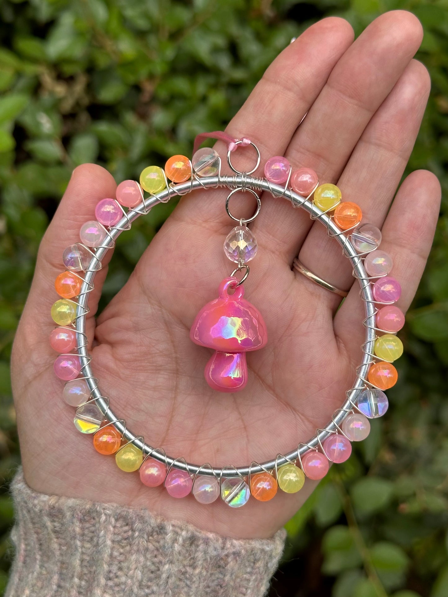 Mini-Malist Suncatcher Summer Session / Car Charm / Rainbow Maker / 3 Inch Silver Ring / Pink Mushroom Pendant