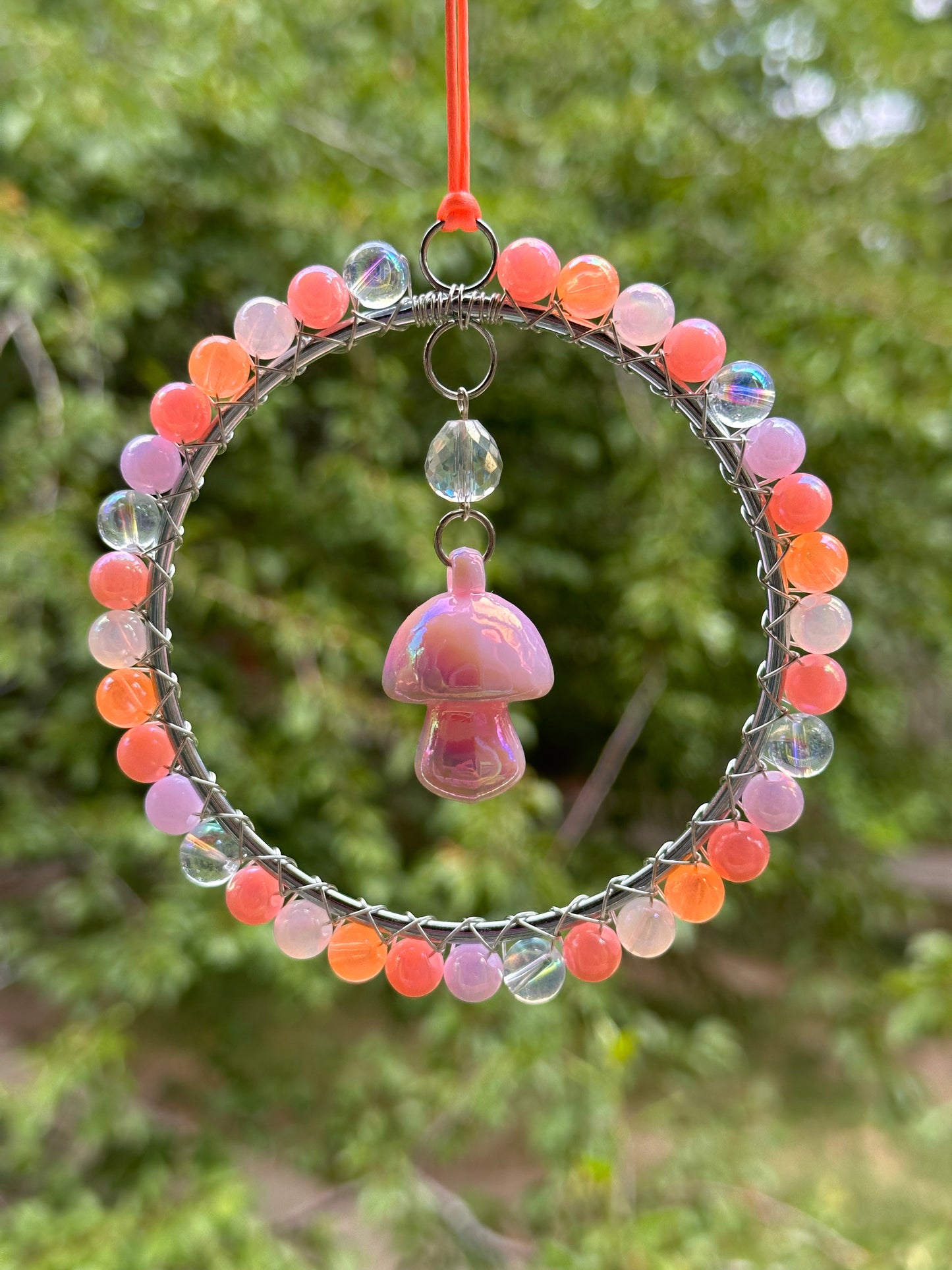 Mini-Malist Suncatcher Summer Session / Car Charm / Rainbow Maker / 3 Inch Silver Ring / Light Pink Mushroom Pendant