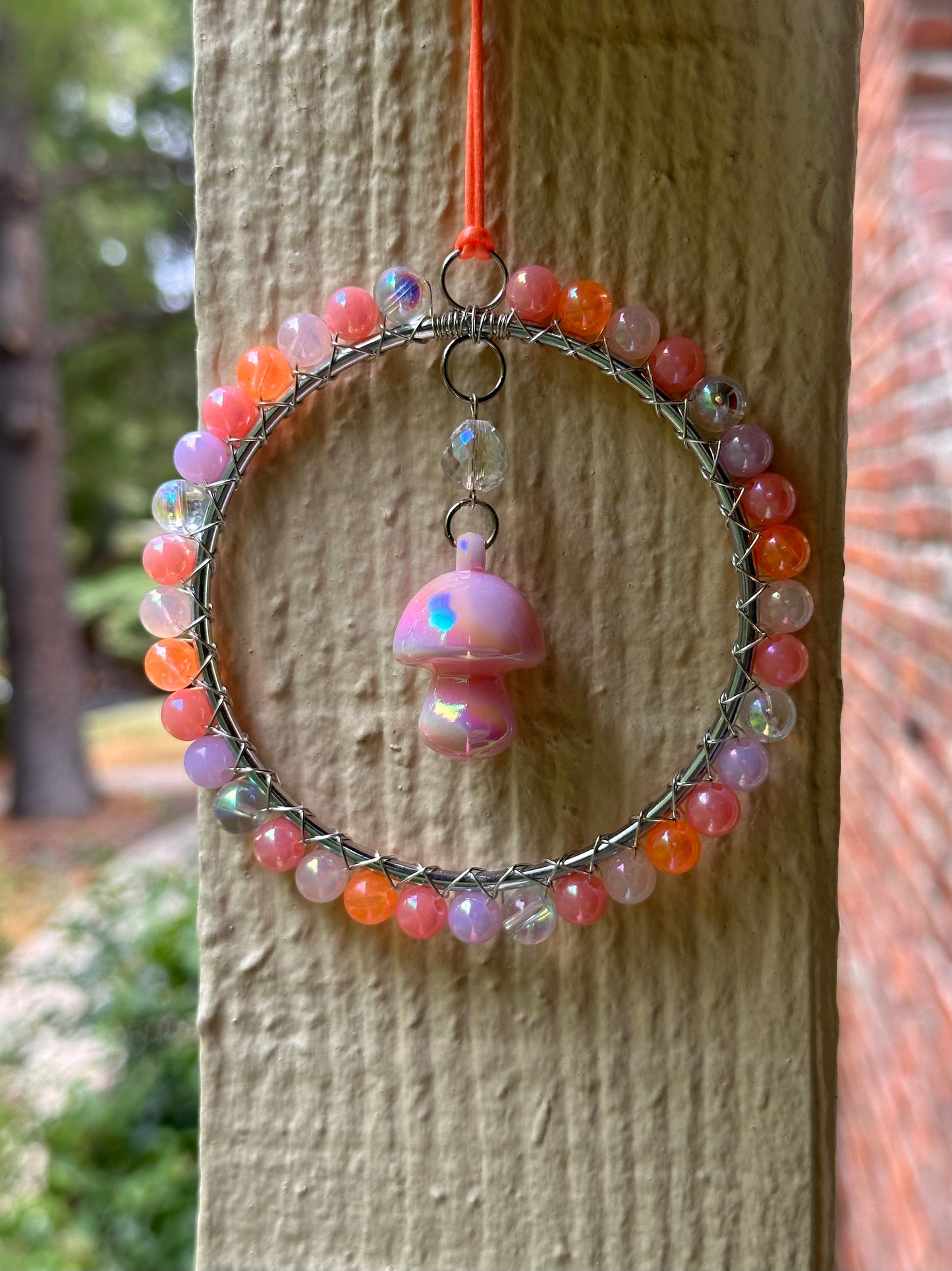 Mini-Malist Suncatcher Summer Session / Car Charm / Rainbow Maker / 3 Inch Silver Ring / Light Pink Mushroom Pendant